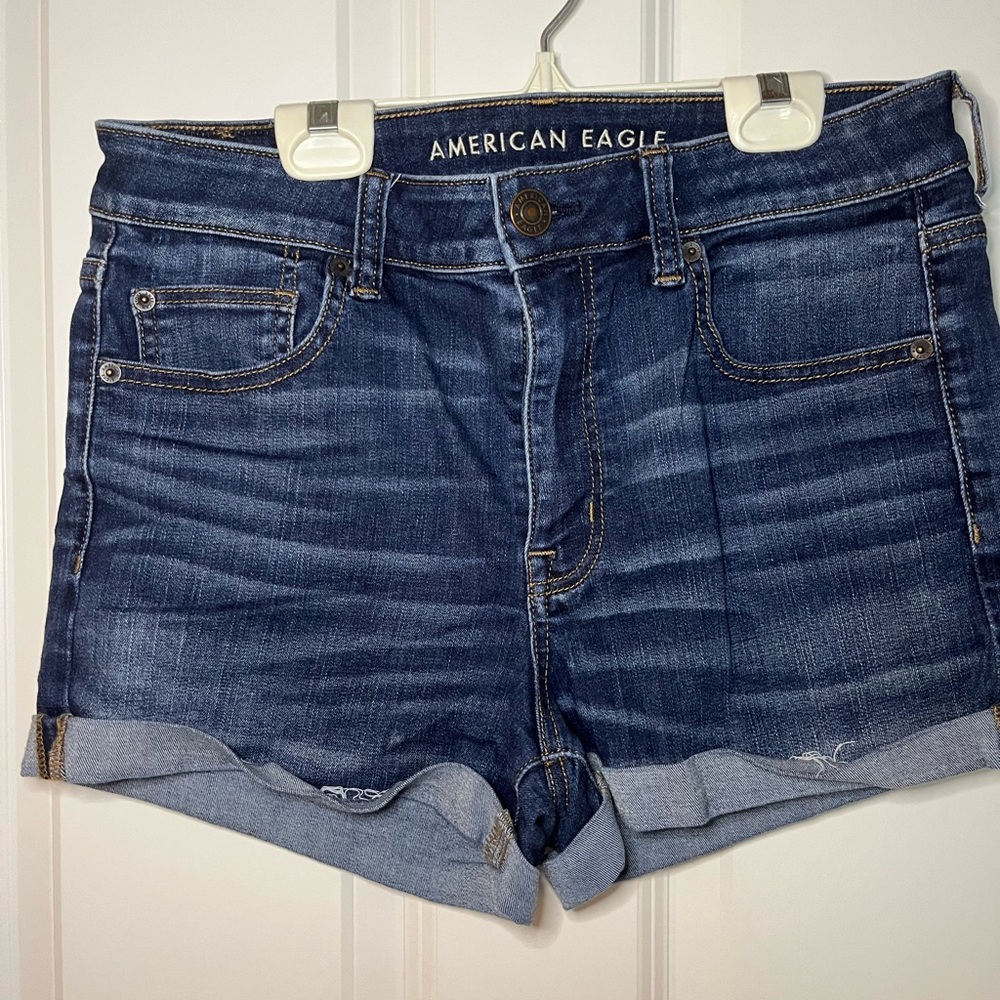 American Eagle Hi-Rise Shortie, dark wash denim shorts - size 12